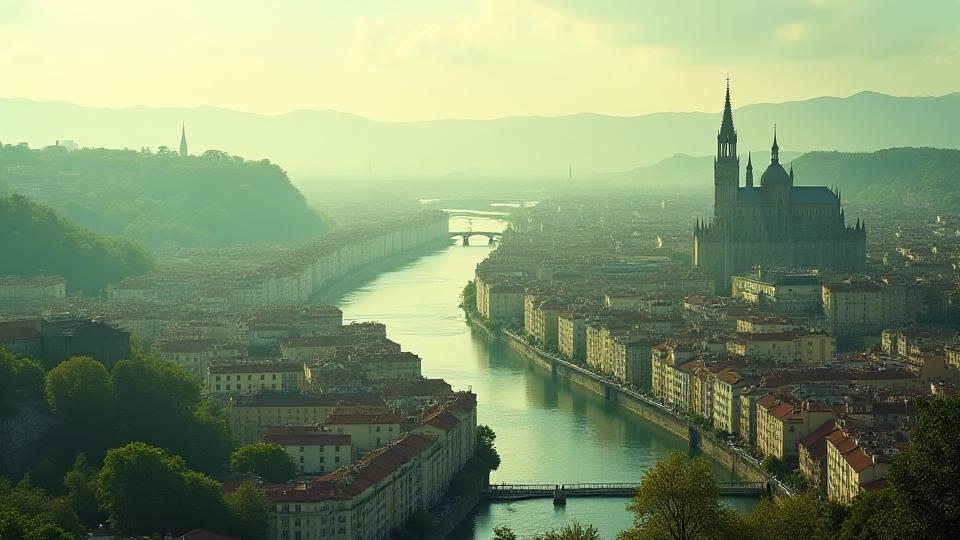 Une photo aérienne de Lyon, Auvergne-Rhône-Alpes, avec un filtre vert subtil, symbolisant les racines locales et l'engagement écologique de Lianes Vertes.